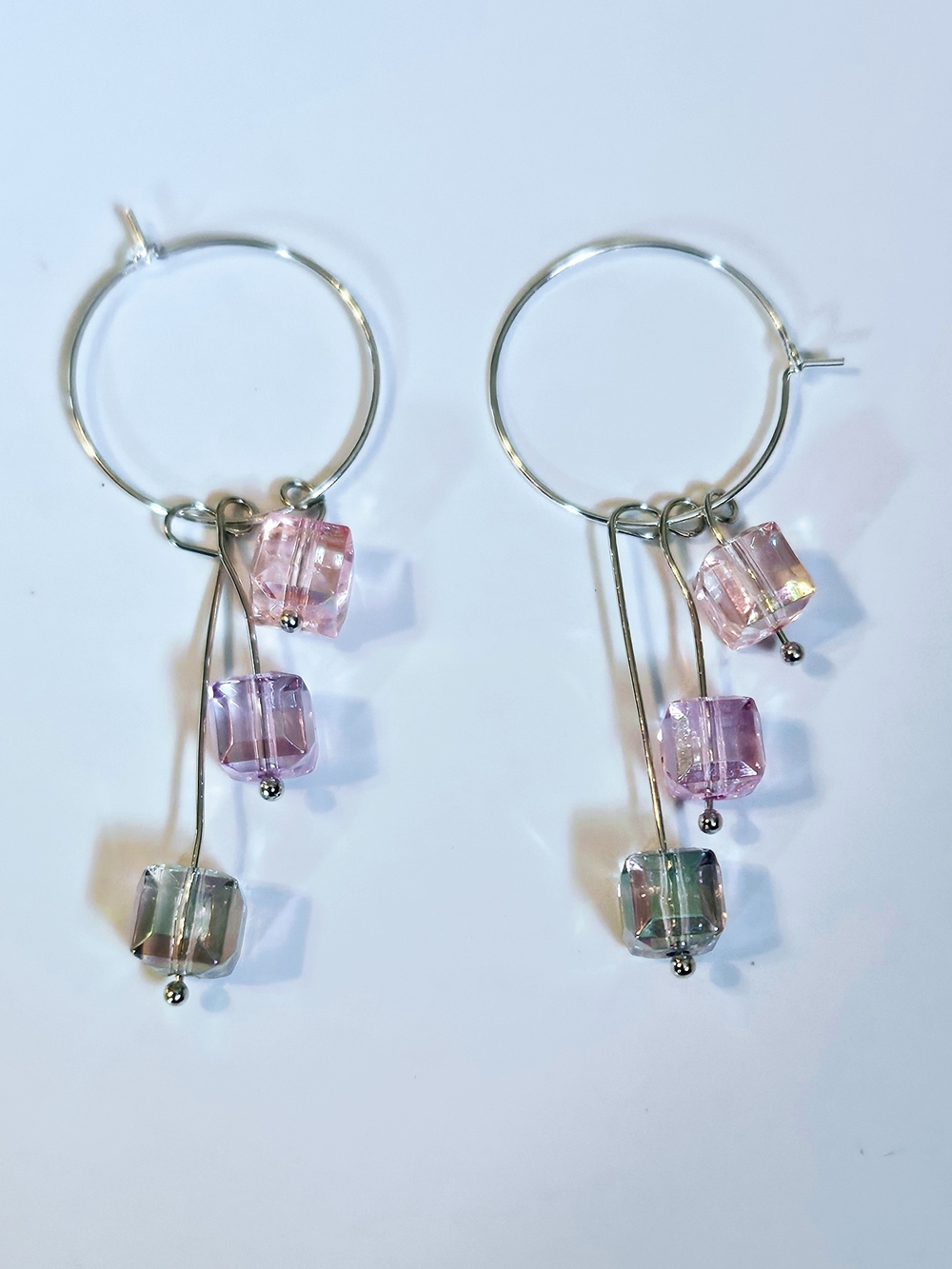 Elegant Multicolor Cube Drop Hoop Earrings - Silver